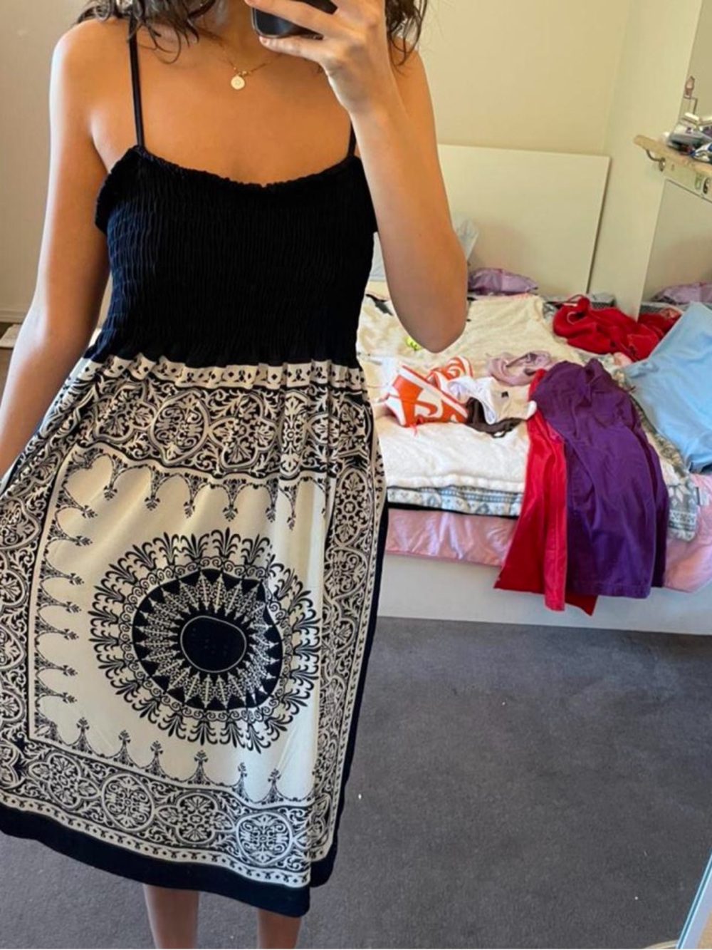Navy Blue & Cream Printed Midi Dress